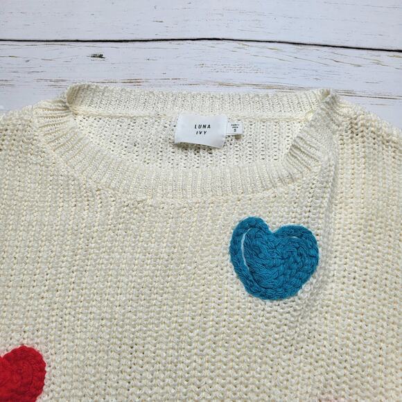Luna Ivy Viral 3D Heart Sweater Open Weave Lightweight Cream Rainbow Crew Medium - Picture 3 of 8